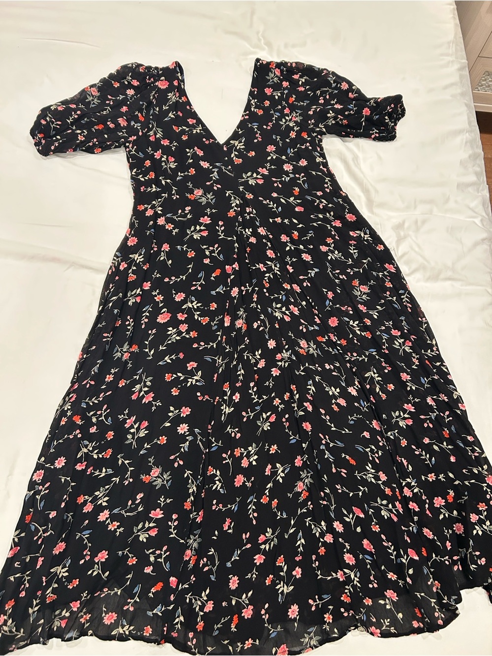 Ganni Black Maxi Dress with Pink Floral Print Size 36